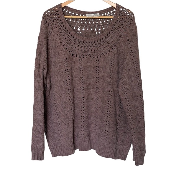 Roaman's Sweaters - Roaman's Crochet Knit Sweater Womens 1X Mauve Brown Open Knit Pointelle Boho